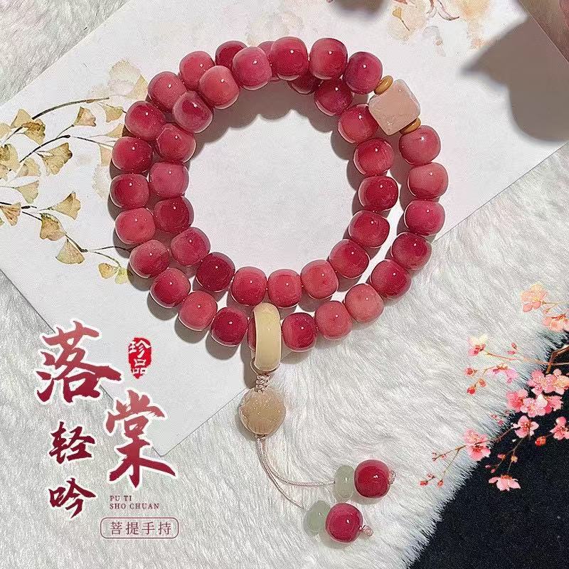 Pinkish-purple Bodhi seed double-loop bracelet for women, Chinese-style hand-held lotus ornament, Bodhi root Buddhist bead bracelet