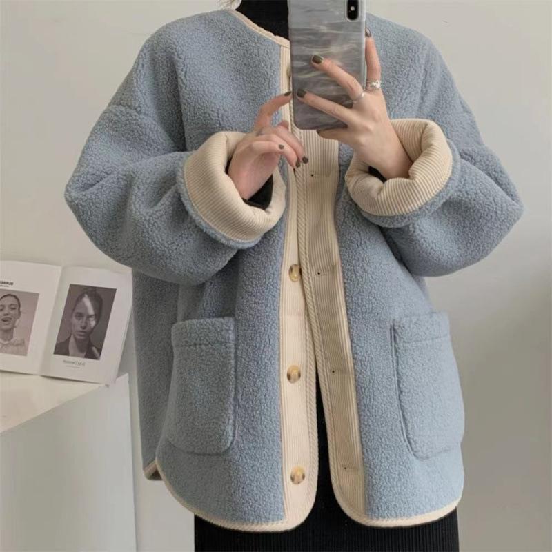 Winter Thick Contrast Retro Lambswool Coat Women's New Small Fragrance Loose Thick Long Cardigan.