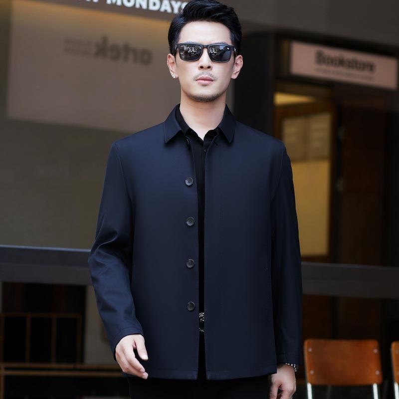 Spring and Autumn Mulberry Silk Men's Jacket Middle-aged Loose Thin Large Size Top Business Casual Lapel Dad Jacket