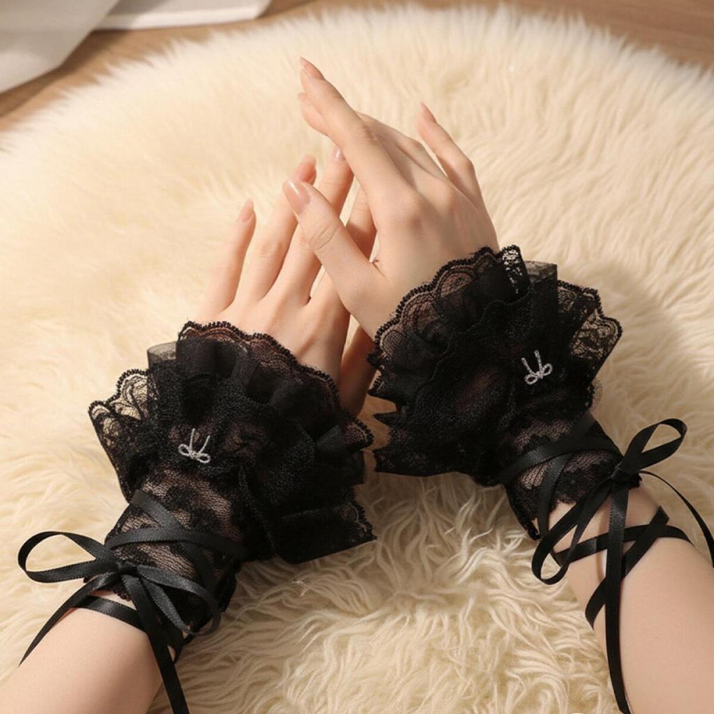 Lolita Arm Sleeves Gothic Lolita Lace Wrist Cuffs Ruffled Sheer Lace Wristbands With Ribbon Tie Anime Bell-sleeve Bow Arm Warmer