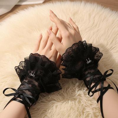 Lolita Arm Sleeves Gothic Lolita Lace Wrist Cuffs Ruffled Sheer Lace Wristbands With Ribbon Tie Anime Bell-sleeve Bow Arm Warmer