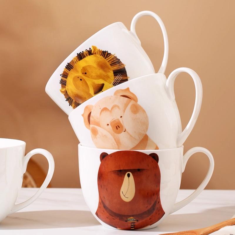 600ml Velkokapacitní keramický hrnek slon s víčkem a lžičkou – Roztomilý zvířecí design Snídaňová miska, Miska na ovesnou kaši, Šálek na kávu