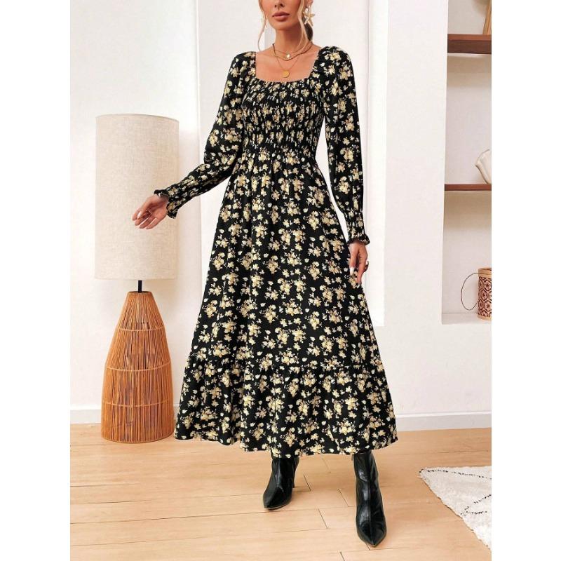 Women's Fashion Print One-line Collar Long-sleeved Dress
