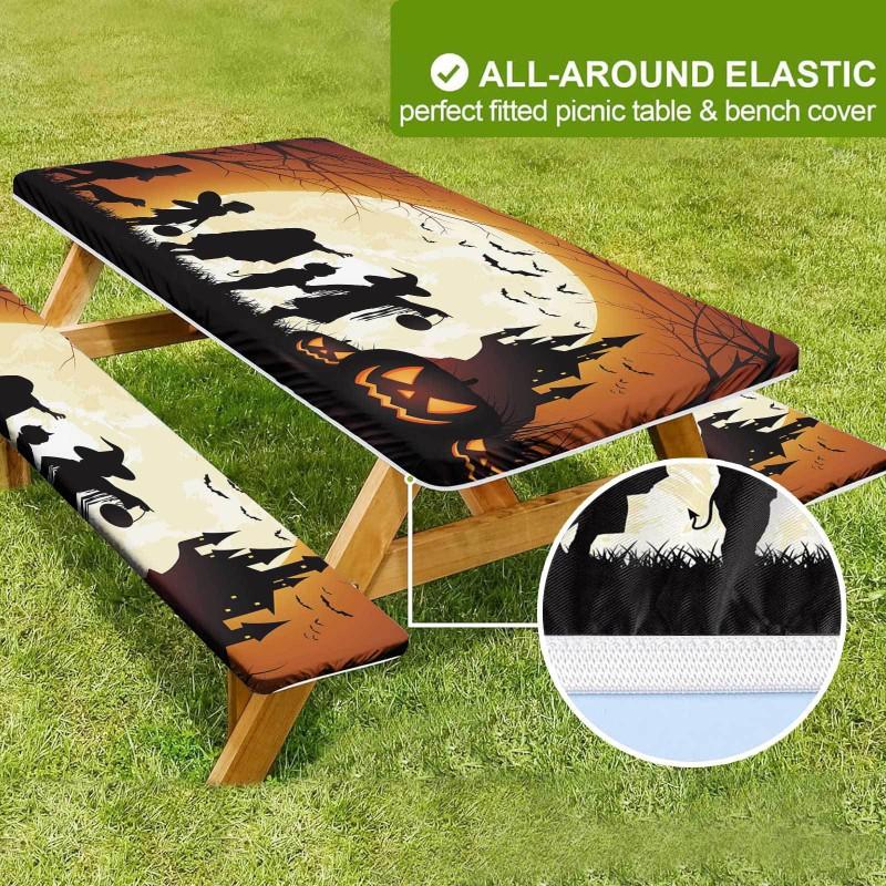 Waterproof Camping Tablecloth Set With Elastic Edge Drawstring Floral Print Rectangle Table Cover Outdoor Picnic BBQ