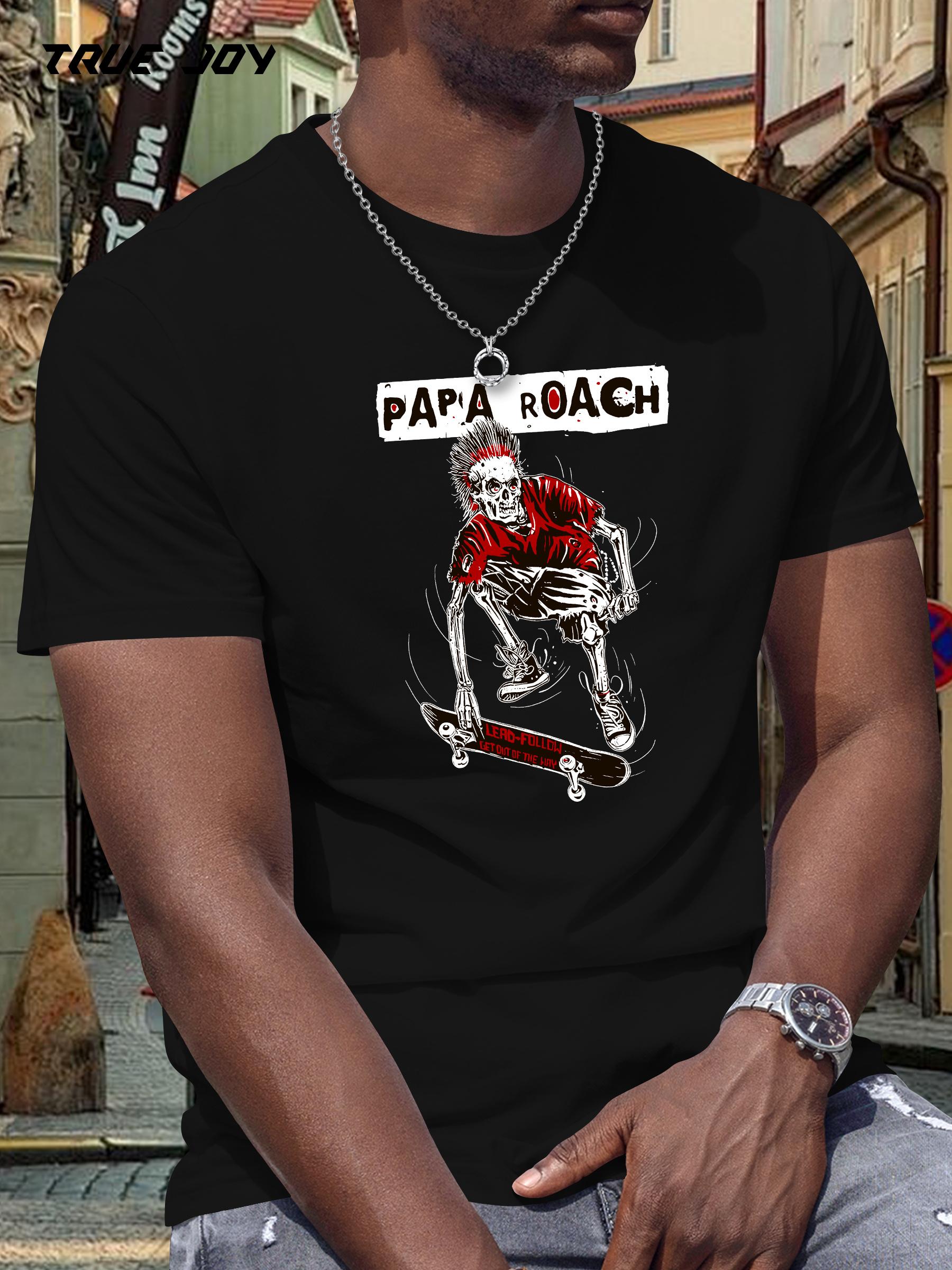 Papa Roach Skeleton Skateboard Graphic T-shirt - Black Short Sleeve Round Neck Summer Tee S