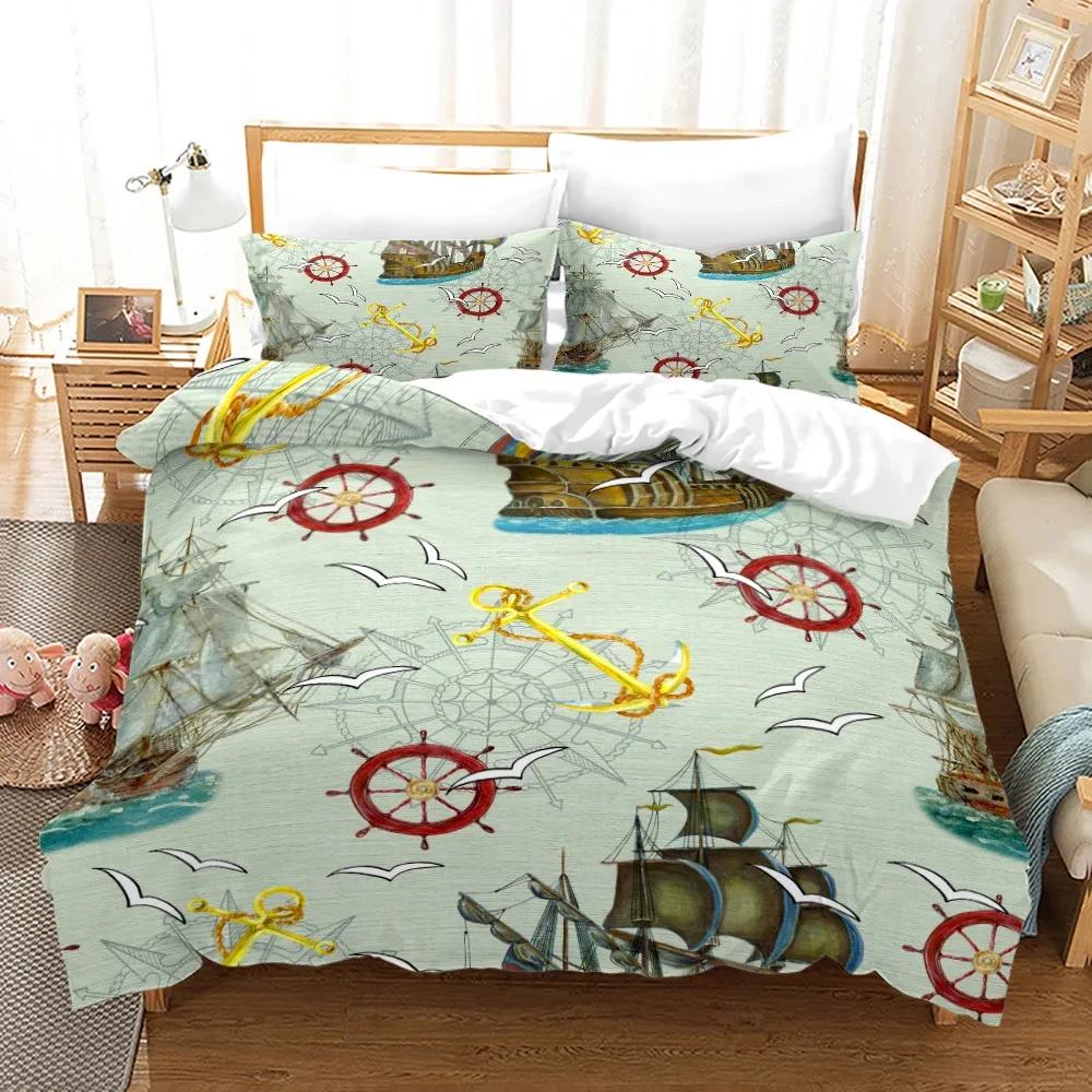 Nautical Pirate Duvet Cover Set Sailboat Theme Bedding Set Palm Tree Island Treasure Hawaiian Beach Cartoon Comforter Cover Full