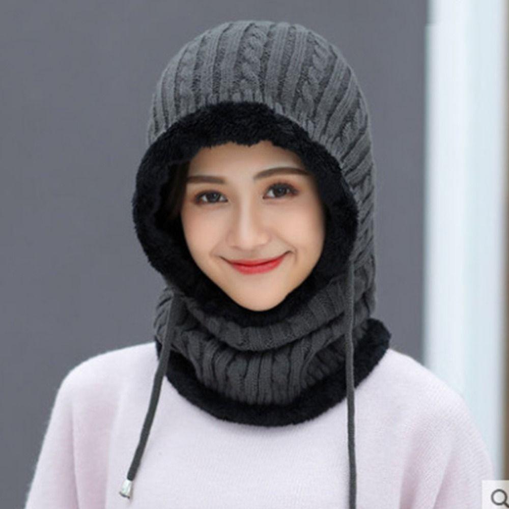 Plush Winter Warm Outdoor Sports Ear Protection Hooded Hat Scarf Knitted Beanies Cap Neck Warmer