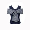 Spice Girl Style Bow Off-Shoulder Plaid Short Sleeve T-Shirt Women's Summer Slim-fit Skinny Design Navy Blue