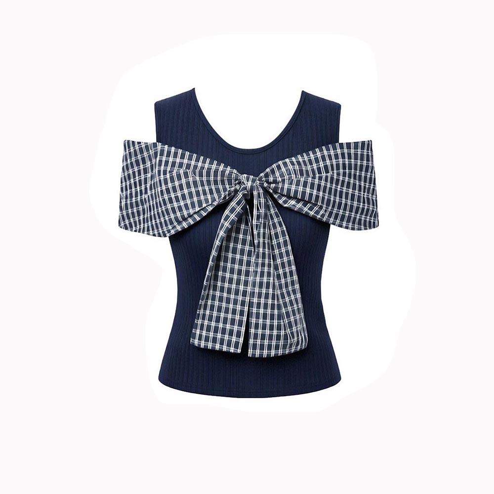 Spice Girl Style Bow Off-Shoulder Plaid Short Sleeve T-Shirt Women's Summer Slim-fit Skinny Design Navy Blue