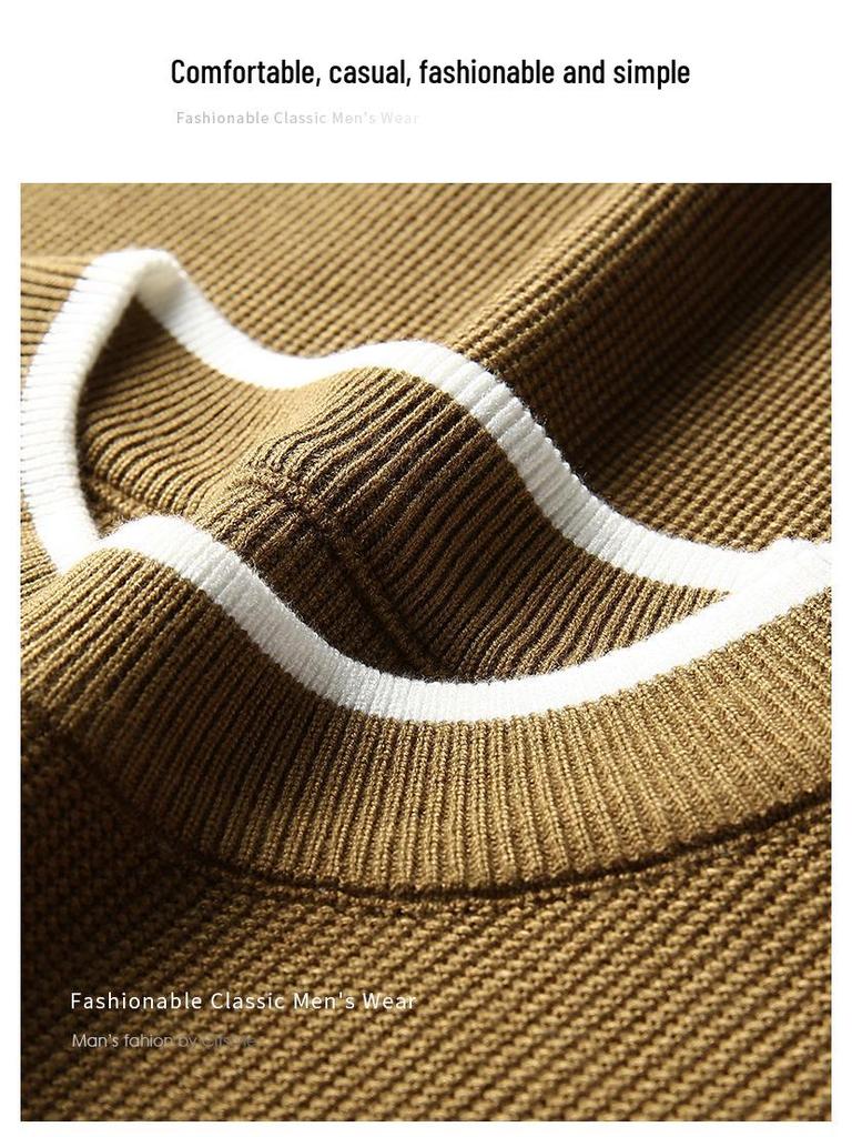 Men's Long Sleeve Round Neck Knit Sweater - Spring & Autumn Style, Fashionable Waffle Knit for Young and Middle-aged Individuals
