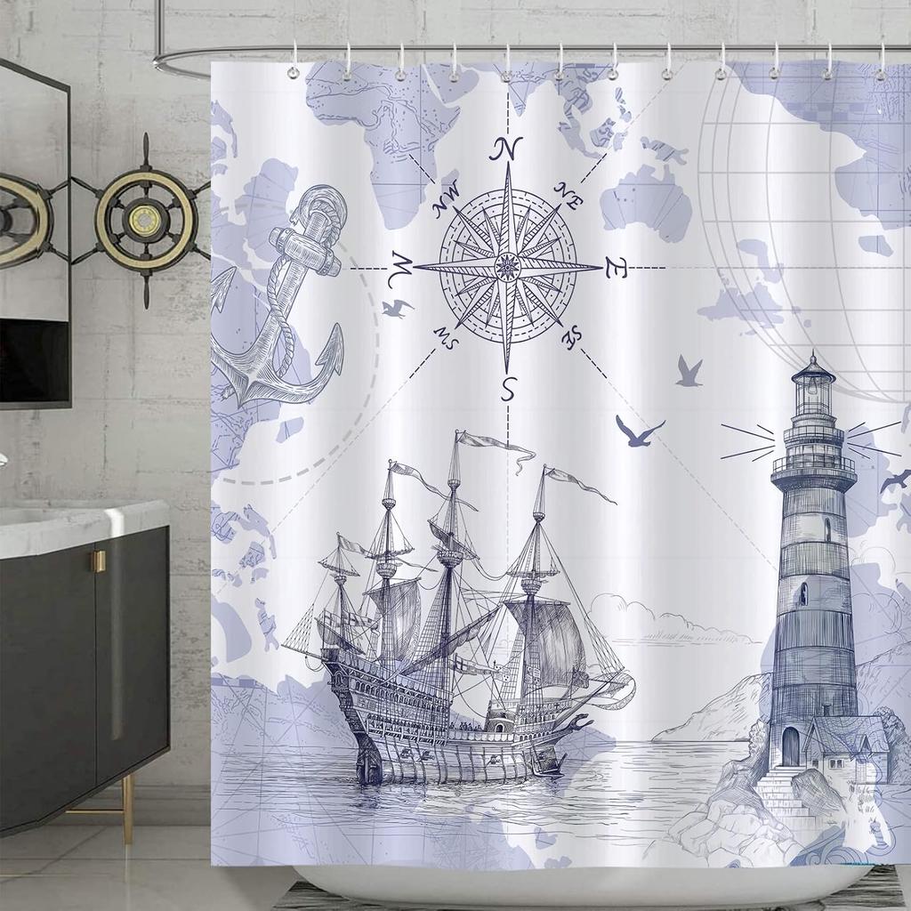 Nautical Shower Curtain, Coastal Lighthouse Compass Anchor Sailboat Bathroom Decorpolyester Fabric Waterproof Bathroom Curtain