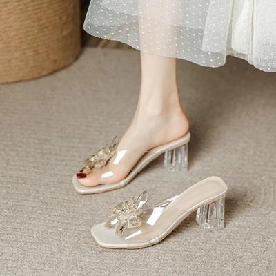 Fashion 2025 New Women's Water Diamond Flower Sandals with Transparent Thick Bottom Party Dress Slippers Mules High Heels