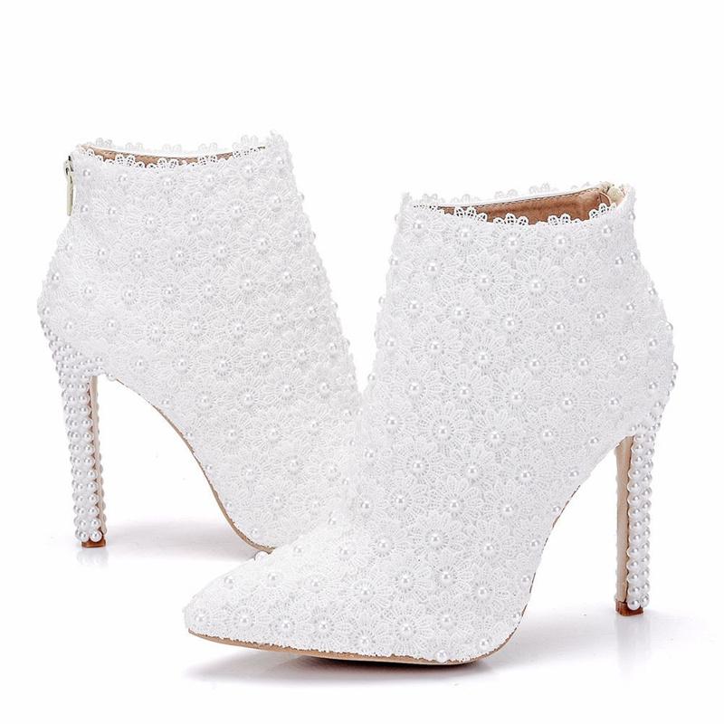

Женские остроносые кожаные ботильоны на высоком каблуке, ботильоны-чулки, свадебные туфли из кружева с жемчугом, короткие ботильоны 41