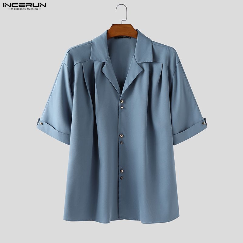 INCERUN Two Pieces Outfits Men Lapel Neck Short Sleeve Striped Shirt Long Suit Pants Sets