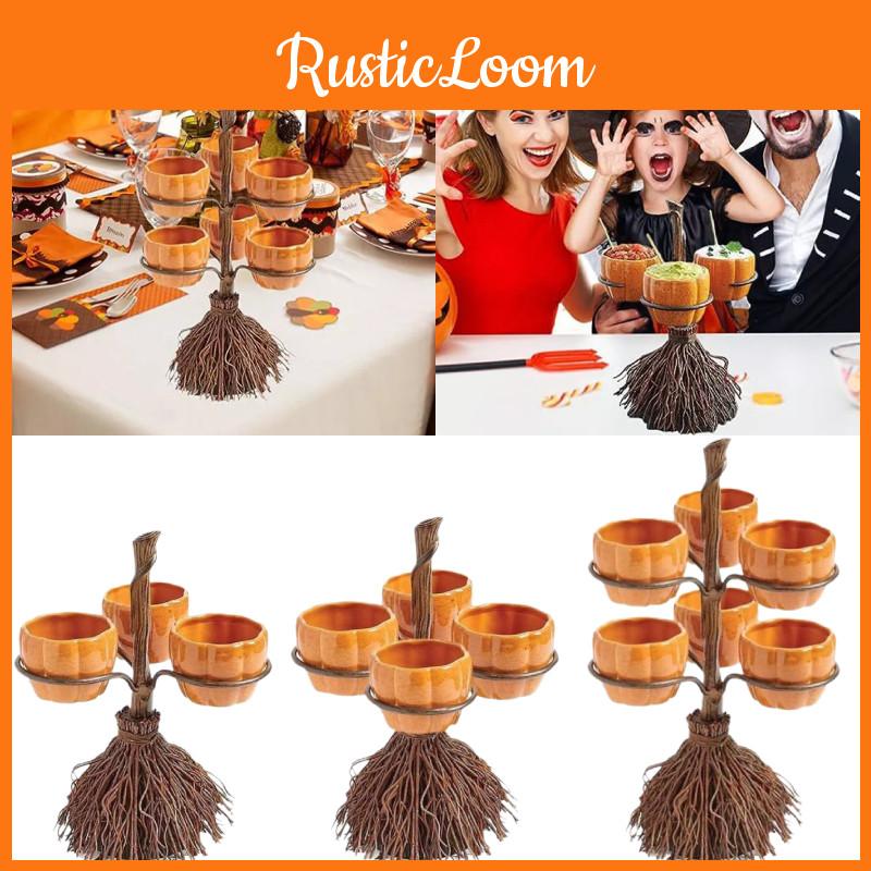 Pumpkin Halloween Snack Bowl Stand Broom Candy Holder Party Serving Fruit Salad