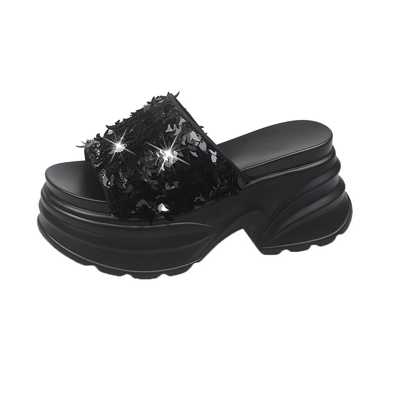 Fashion High Platform Slippers Women Summer Fashion 2025 New Increase Blingbling Leather Sandals Flip-flops 8CM Heels Beach Shoes