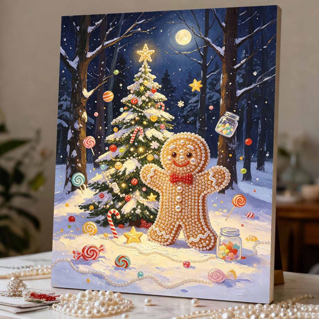 Framed Pearl Bead Painting Kit Christmas Gingerbread Man Theme DIY Shiny Canvas Art Holiday Decor Creative Leisure Craft Ready to Display