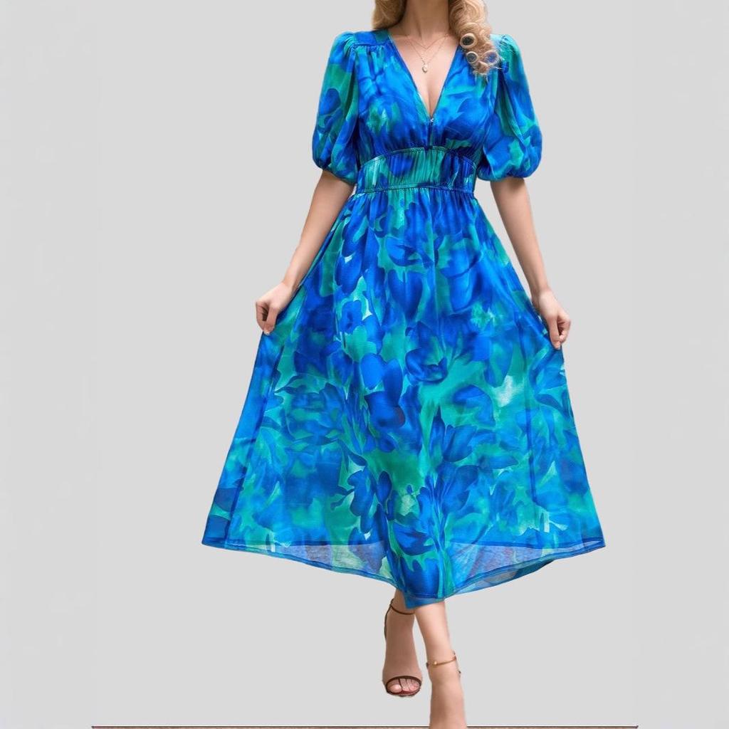Abito stampato con scollo a V e vita stretta - Moda Primavera/Estate per Donna