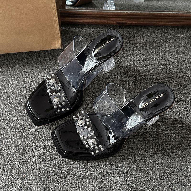 Transparent crystal slippers women's summer high-end thick heels sandals high heels wear sandals