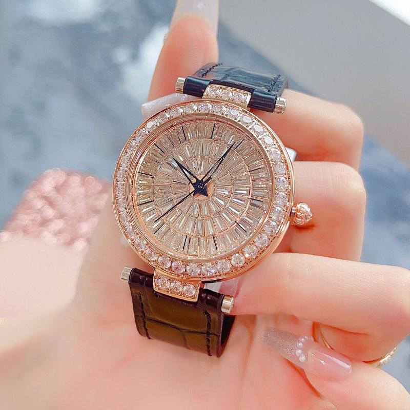 Shigaodi Women's Large Dial Leather Strap Full Diamond Watch, Red Luxury Edition
