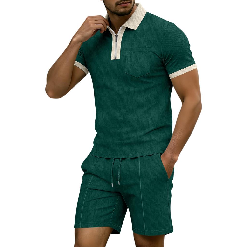 Men's Summer Casual Color-Blocked Shirt With Lapel And Pockets And Half-Zip, Shorts Two-Piece Set