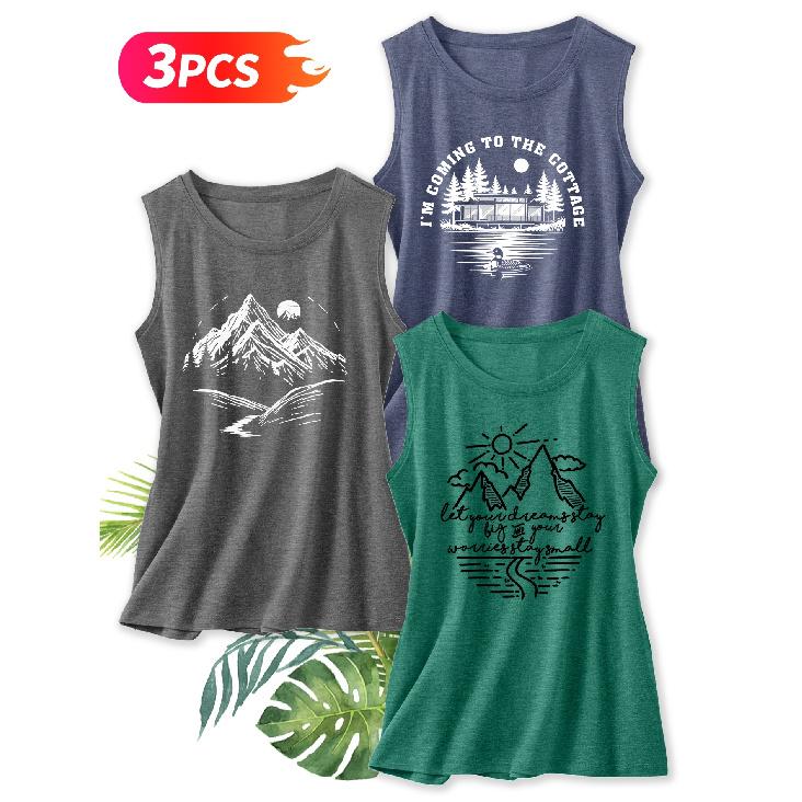 Three-piece Set Elegant Vest for Women Outdoor Mountain-themed Printed Round-neck Women's Tank Top Suitable for Spring and Summer Fashionable Tops