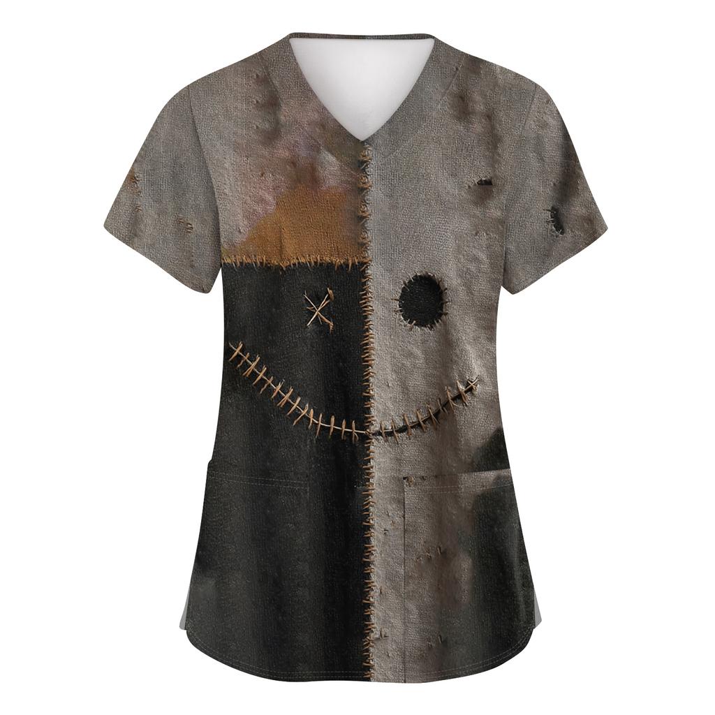 Women's Fashion Short Sleeve Halloween Print V-Neck Pocket Workwear Tops