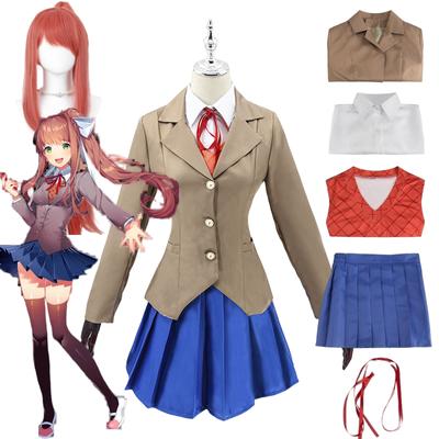 Game Doki Doki Literature Club Monika Cosplay Overcoat Shirt Vest Skirt Accessories Wig Halloween Costumes Party Costumes