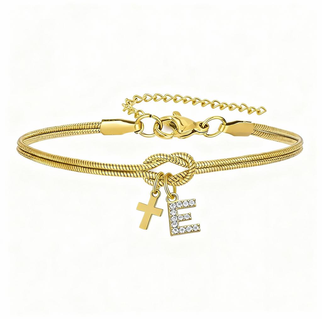 Double Knot Round Snake Bone Bracelet with Diamond 26 Letters Cross Pendant Charm Jewelry