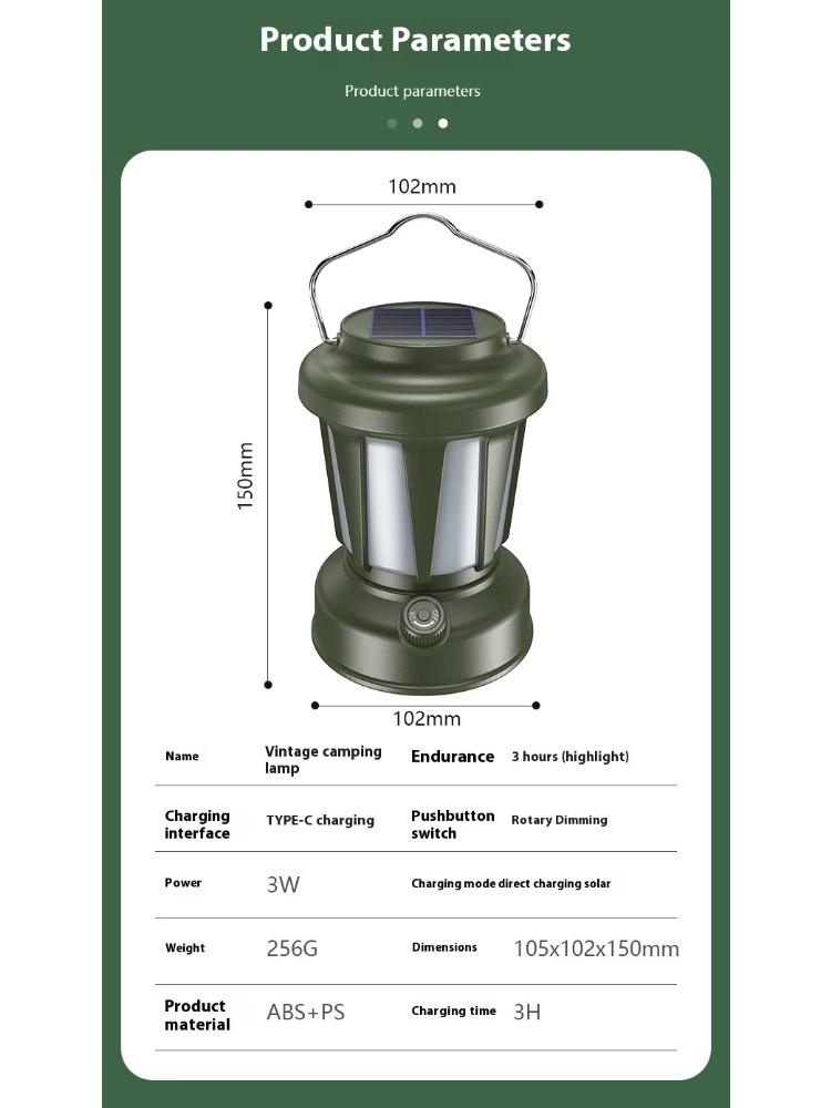 Portable Solar Camping Lantern LED Cold and Warm Dimming 3 Lighting Modes Camp Light Outdoor Hiking Climbing Camping Tent Lamp