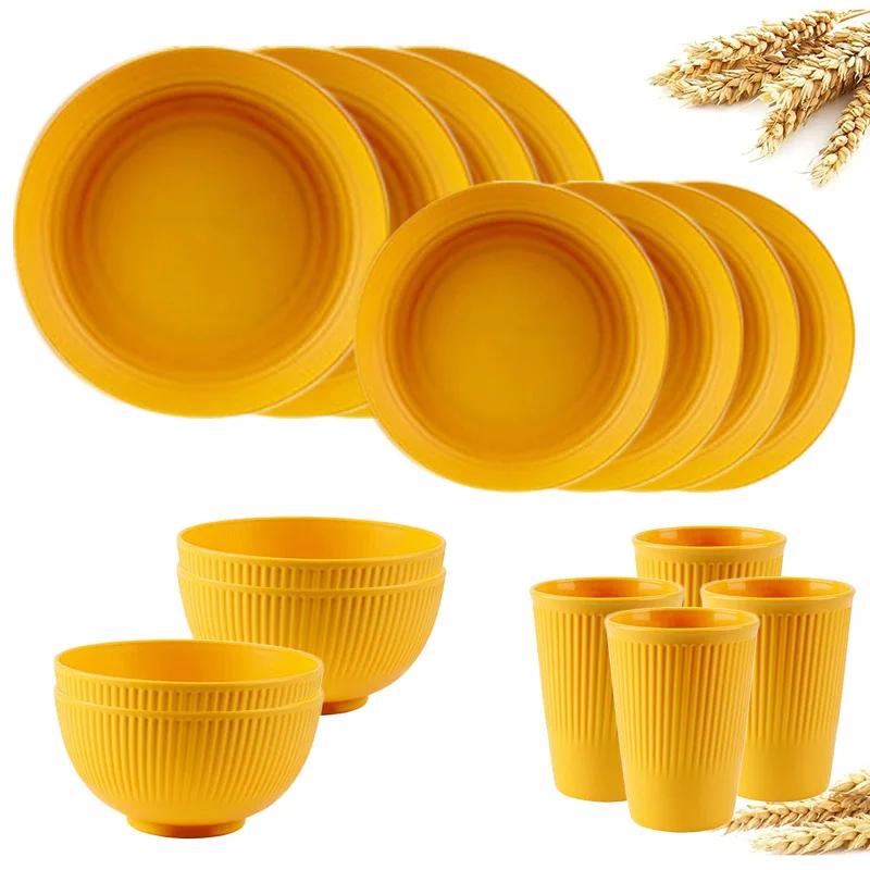 16Pcs Wheat Straw Dinnerware Set Eco Friendly Tableware Unbreakable Kitchen Cutlery Dishes Eating Cutlery Camping Service for 4