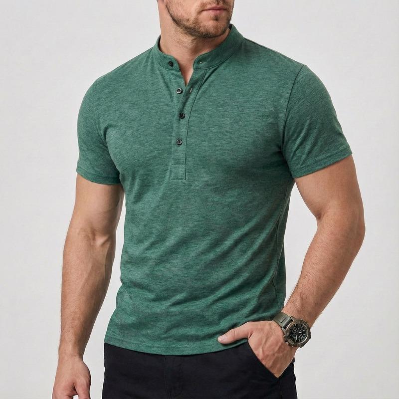 

Men Stand Collar Short Sleeve Henley Polo Shirt Button Placket Slim Fit Casual Daily Tops S зелёный
