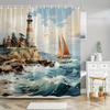 1pc Coastal Lighthouse Shower Curtain - Nautical Bathroom Decor with Red & White Lighthouse, Sailboat, Rocky Cliffs - Extra Larg