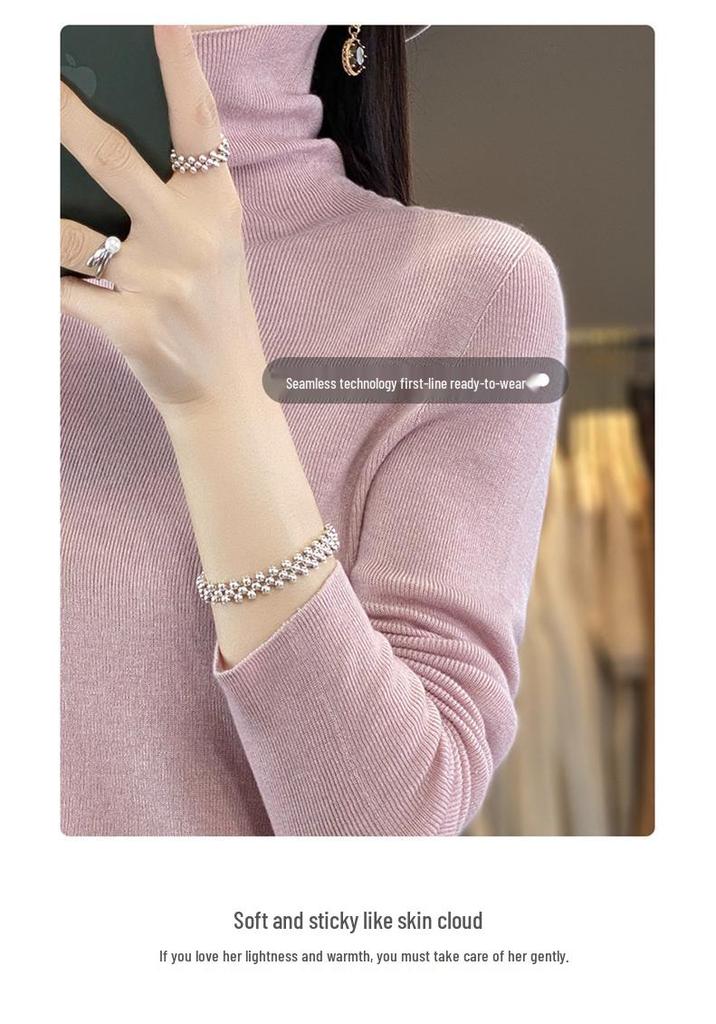 Women's Seamless Ribbed High-Neck Wool Base Layer: Long-Sleeve, Thin, Versatile Knit Top for Spring