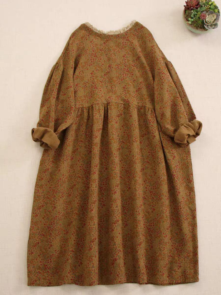 

Милое цветочное платье с длинными рукавами, женское, свободное, универсальное, с воротником-грибком, кружевом, напечатанным на средней и длинной юбке 2XL коричневый