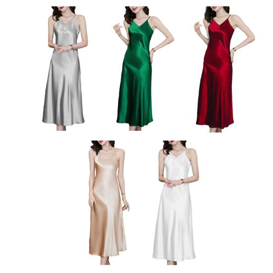Dámské saténové šaty bez rukávů na špagetová ramínka Sexy výstřih do V Dlouhé šaty Koktejlové večerní šaty