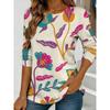 Women's purple floral print long-sleeved loose-fitting round neck top, casual everyday style with an elegant design.