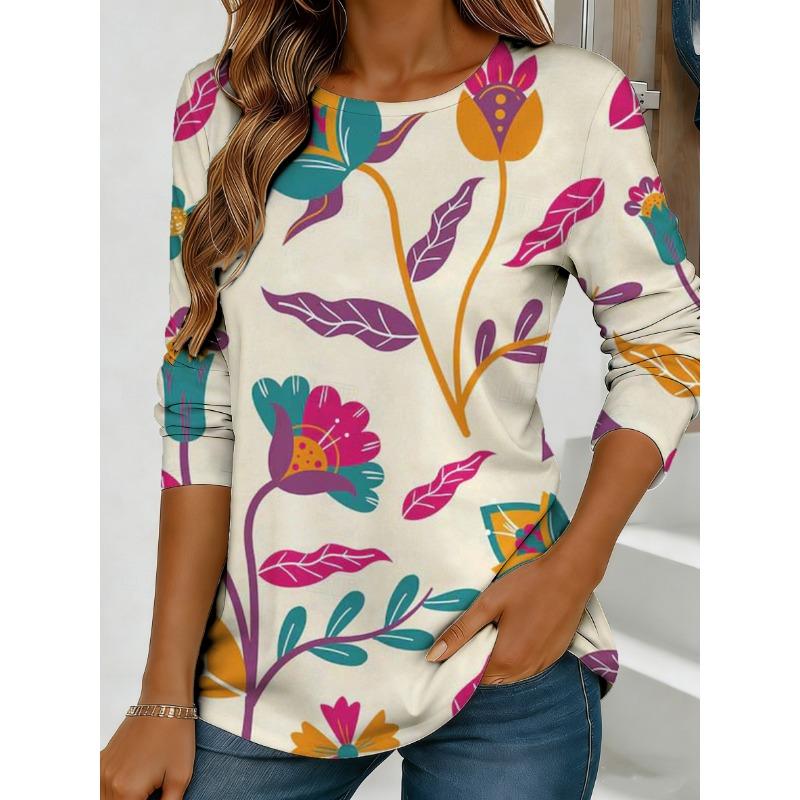Women's purple floral print long-sleeved loose-fitting round neck top, casual everyday style with an elegant design.