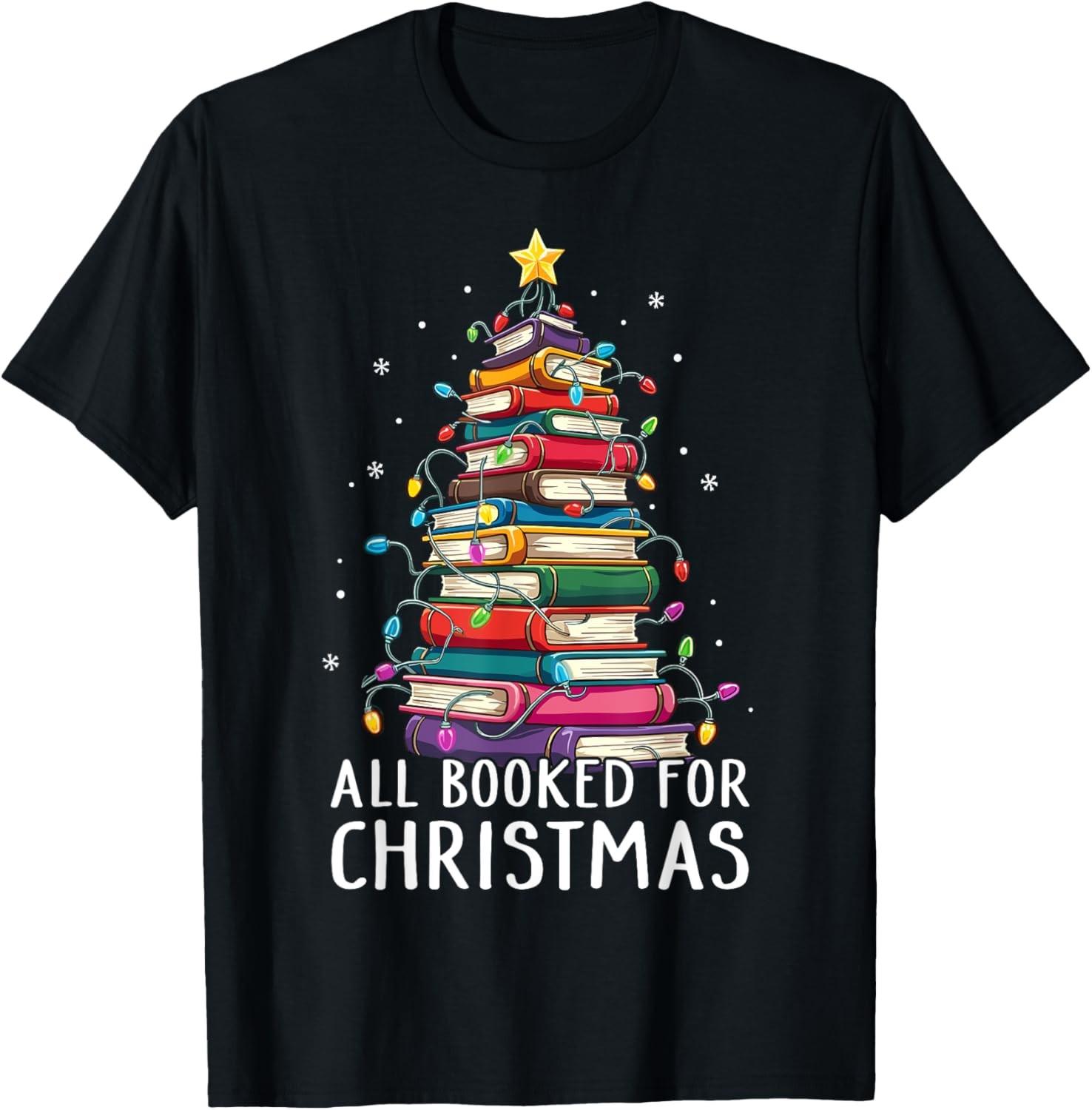 All Booked For Christmas Book Christmas Tree Lights T-Shirt XXL