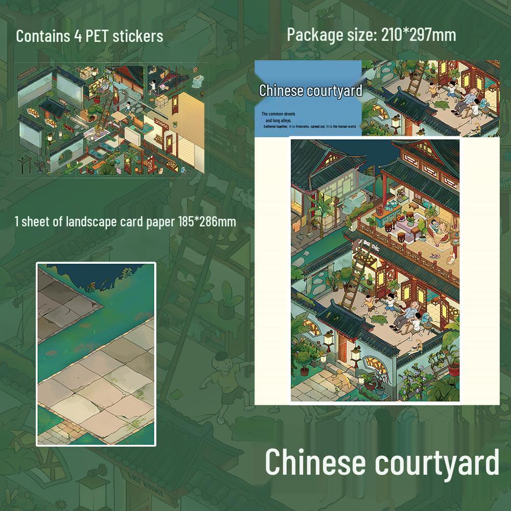 4 Large PET Sheets: Handcrafted Chinese Courtyard Scenery Stickers for DIY Miniature World & Journaling
