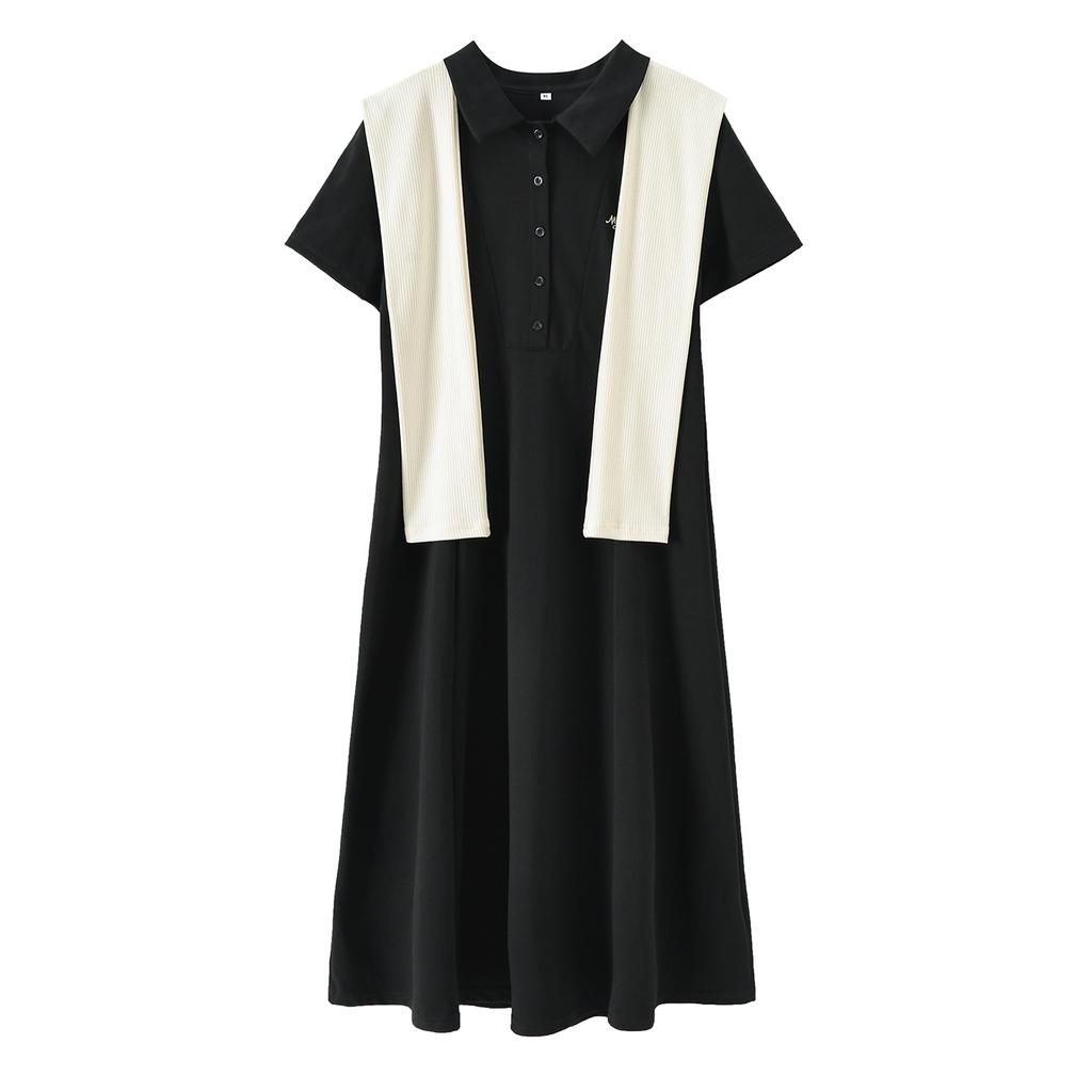 Large Size Women's College Style Shawl Polo Collar Dress 2026 Summer Waist and Thin Dress 214366