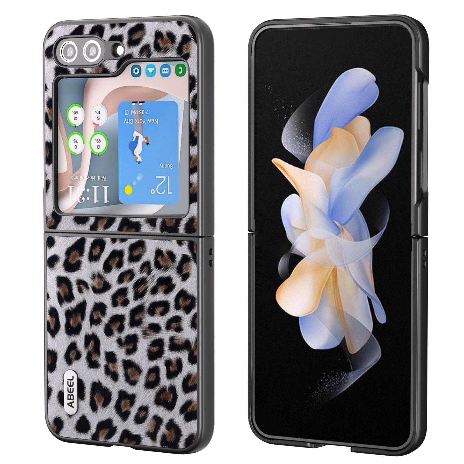 

ABEEL For Samsung Galaxy Z Flip5 5G Leopard Pattern Phone Case PU Leather+PC Back Shell Silver