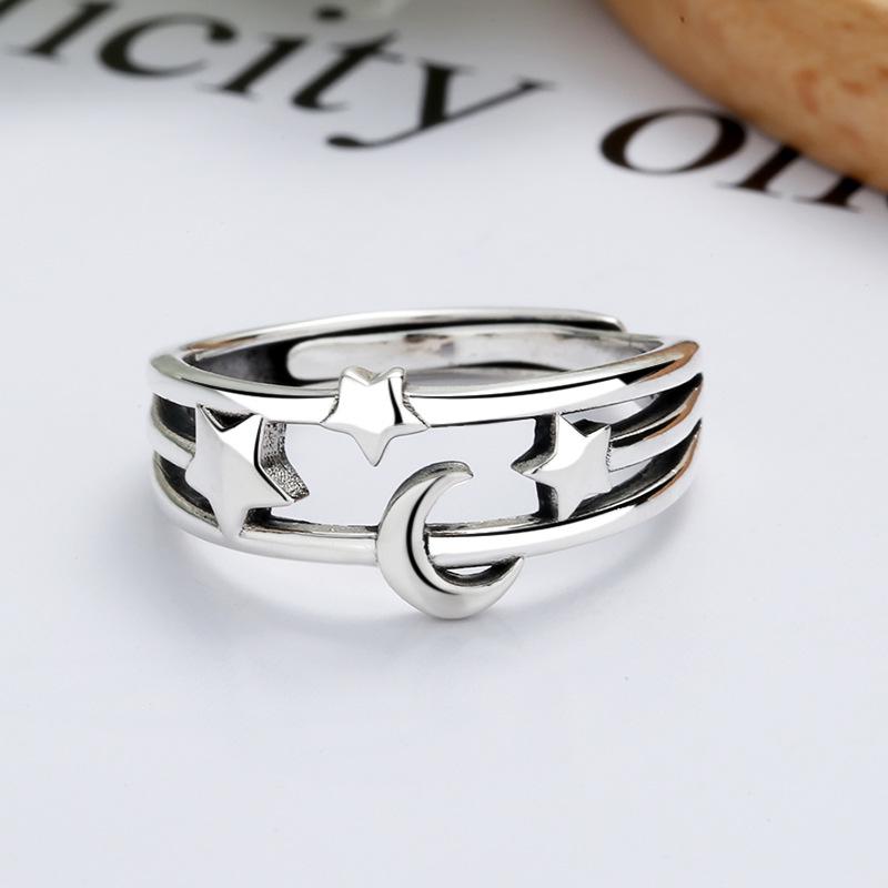 CaiYi S925 Sterling Silver Star & Moon Korean Style Ring for Women – Unique Design, Hollow Star Moon Index Finger Ring