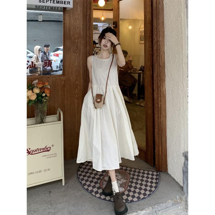 Summer new Korean women's clothing coffee break French white sleeveless dress small slim temperament vest long dress