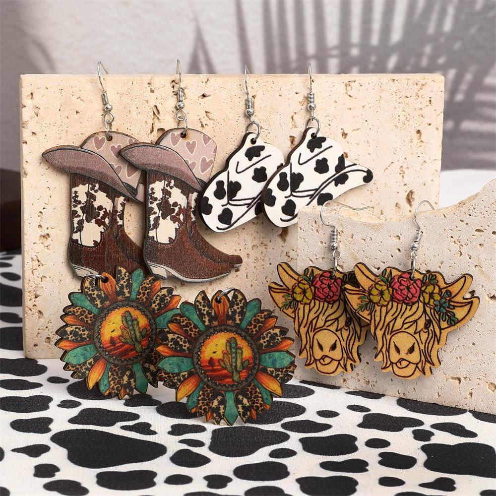 Western Cowboy Style Earrings Set: Fun Fashion with Hats, Shoes, Flowers, and Cacti Design for Women