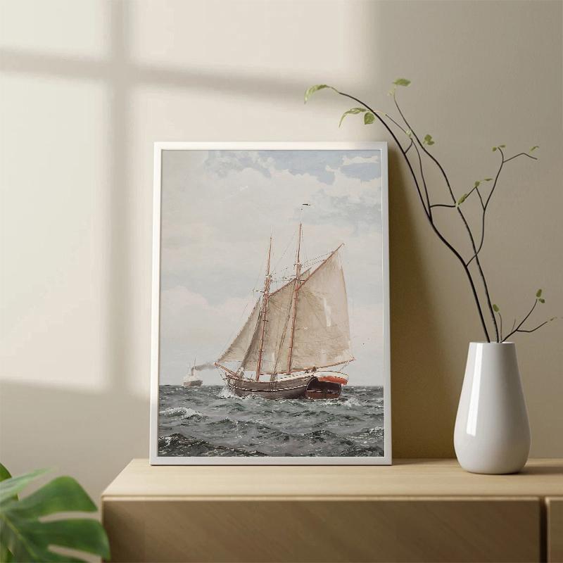 Vintage Neutral Sailboat Print Antique Nautical Sketch Art Poster Coastal Seascape Wall Art Canvas Painting Lake House Decor