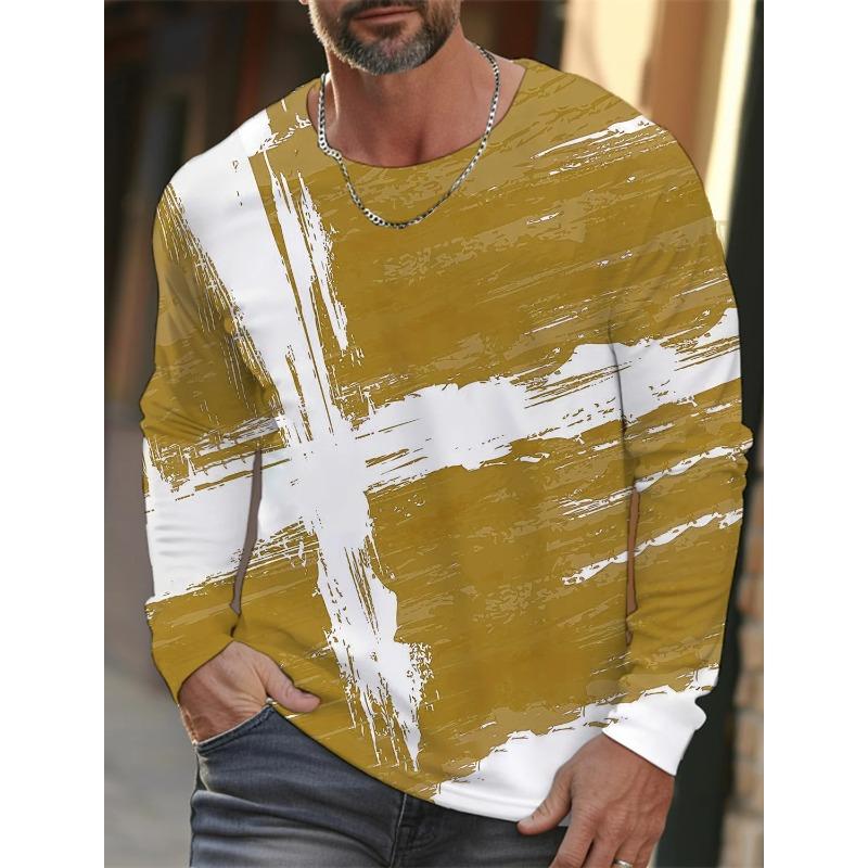 

Мужские футболки с круглым вырезом, 3D-принтом в виде перекрестного узора, повседневные, с длинным рукавом - Мягкая полиэстеровая ткань средней эластичности, одежда для весны и осени, свободного кроя 5XL