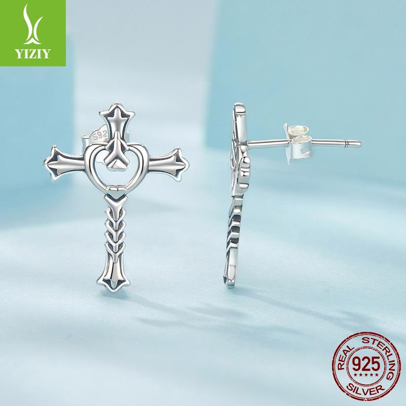 Dark Cross Earrings Unisex, Personalized Versatile S925 Sterling Silver Women'S Earrings