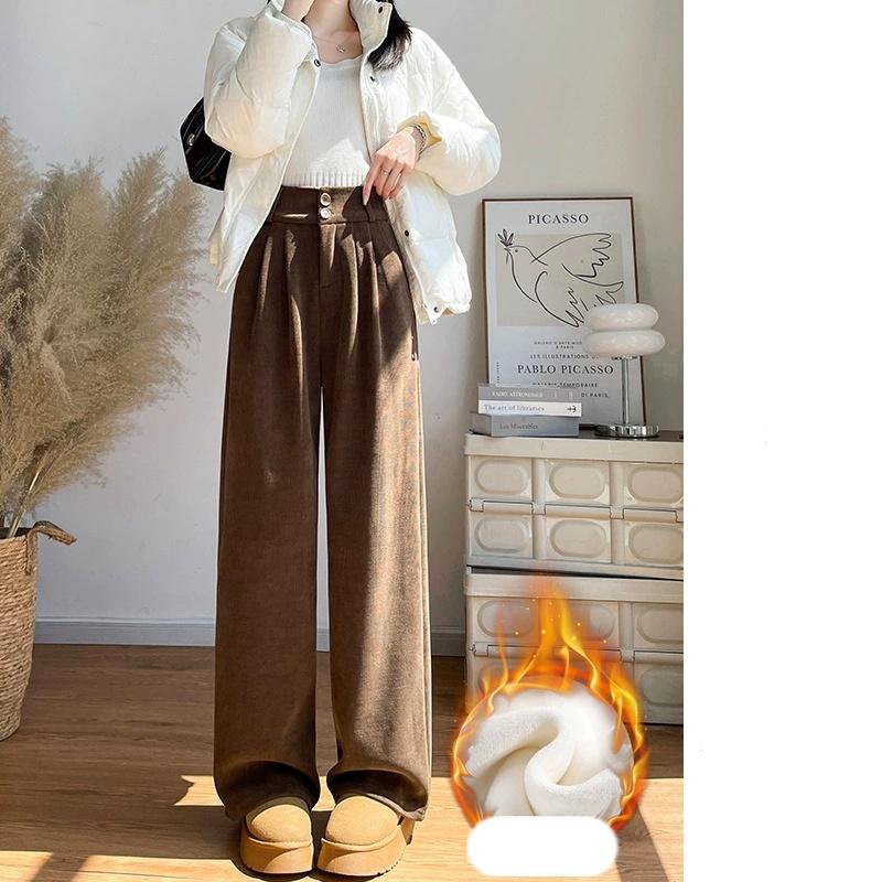 White Corduroy Wide Leg Pants Women's Autumn Winter Slim Straight Drapey Small Size Fleece Lined Suit Trousers