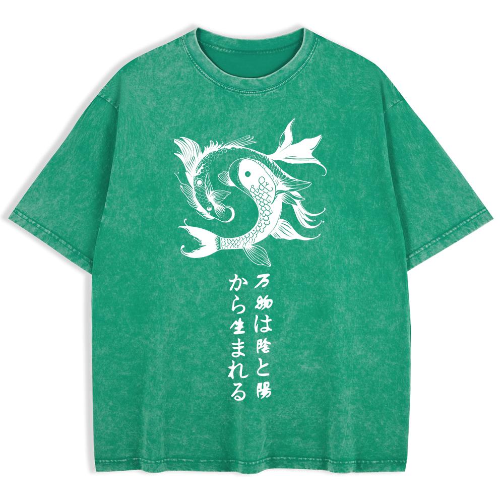 Japanese Koi Harajuku Printed Washed T-Shirts Mens Cotton Short Sleeve Tops Summer O-Neck Oversize T Shirt Clothes